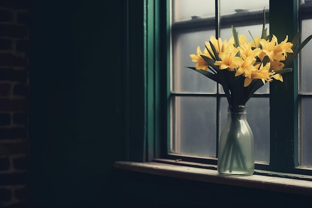 Sunny Window Glass Vase of Yellow Flowers