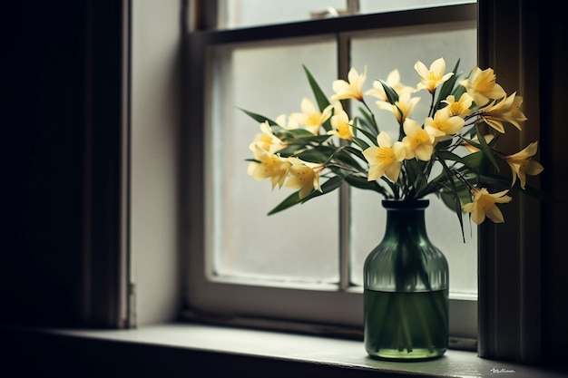 Sunny Window Glass Vase of Yellow Flowers