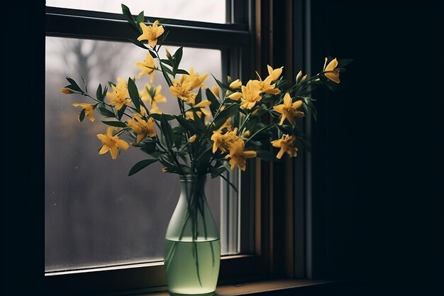 Sunny Window Glass Vase of Yellow Flowers