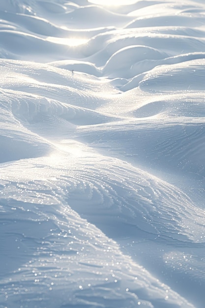 Sunny winter day captures smooth white snow from above glistening in sun rays evoking purity