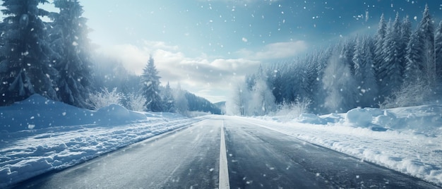 Sunny winter road covered with snow Generative AI