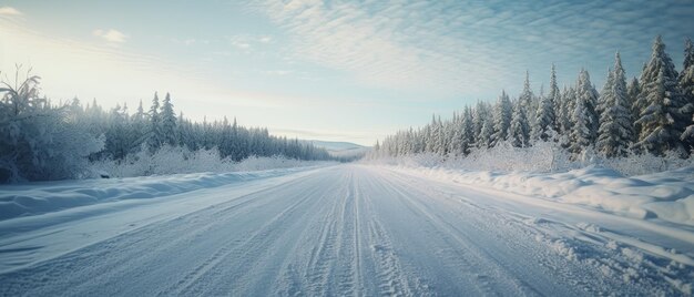 Sunny winter road covered with snow Generative AI