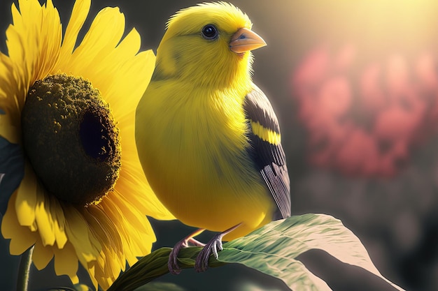 Sunny yellow bird with his flower