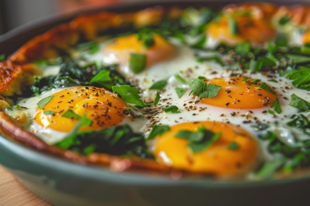 Photo sunnyside up eggs with spinach and fresh herbs in skillet for healthy and nutritious breakfast