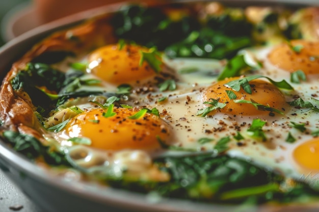 Photo sunnyside up eggs with spinach and fresh herbs in skillet for healthy and nutritious breakfast