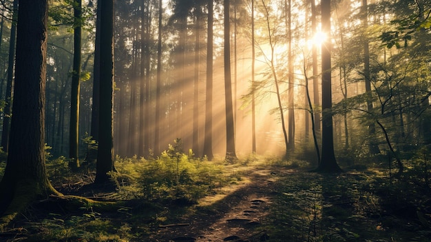 Sunrays filter through a forest casting a mystical glow