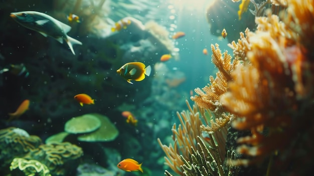 Sunrays illuminating underwater world teeming with marine life