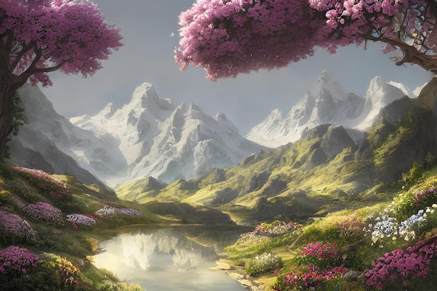 Sunrise in the alps mountains color illustration