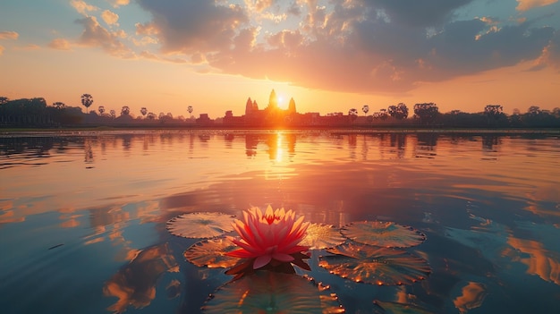 Sunrise Over Angkor Wat with a Lotus Flower