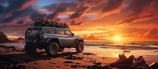 Photo sunrise beach adventure with 4wd vehicle in the outback