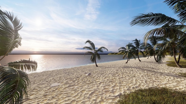 Sunrise beach scene summer background 3D rendering