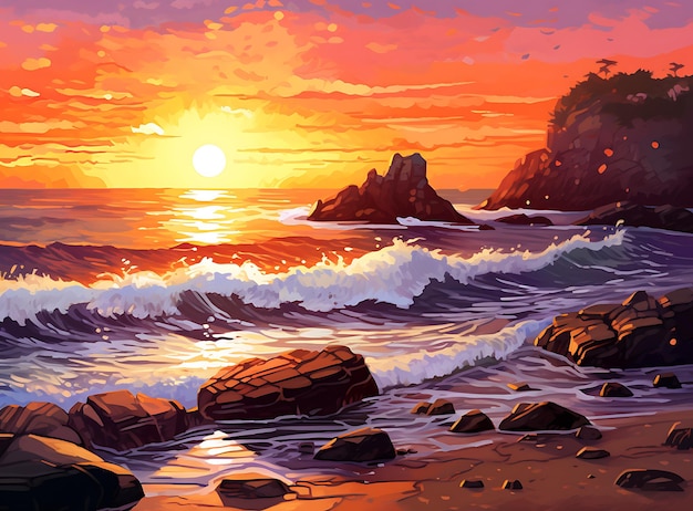 sunrise on beach with rocks and waves