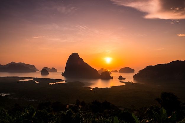 Sunrise over the beautiful islands at Pang Nga province