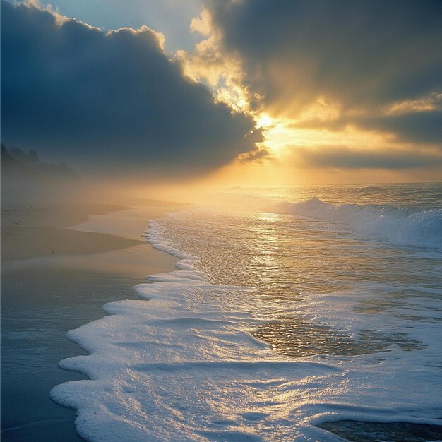 Photo a sunrise breaking through the clouds over a misty beach