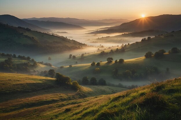 Sunrise over a calm misty valley