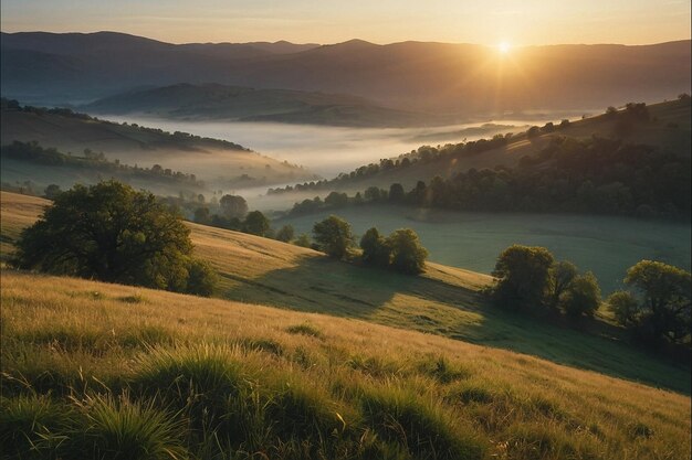 Sunrise over a calm misty valley