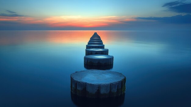 Photo sunrise over calm ocean with stone pathway