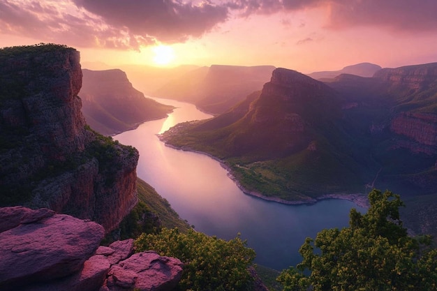 Photo a sunrise over a canyon with a river in the background