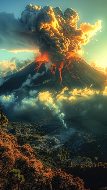 Sunrise casting golden hues over a smoking volcano a tranquil yet potent force