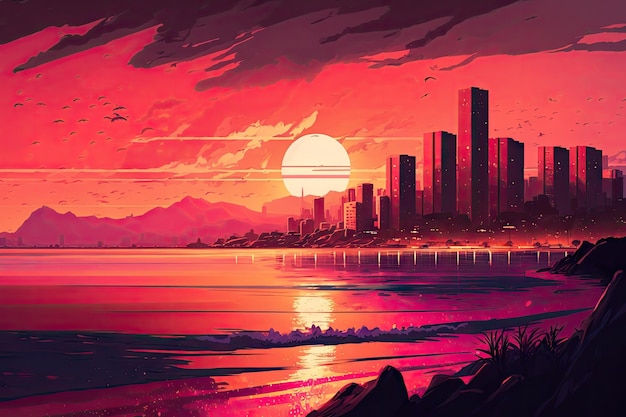 Sunrise over the city and the ocean with pink and orange hues spreading across the sky created with generative ai