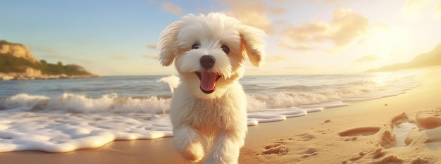 A sunrise closeup portrait features a dog on a petfriendly beach embodying the joy of summer holidays alongside beloved pets