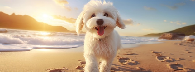 A sunrise closeup portrait features a dog on a petfriendly beach embodying the joy of summer holidays alongside beloved pets