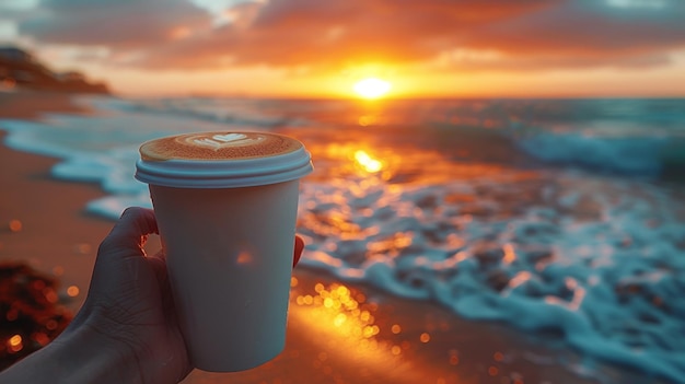 Photo sunrise coffee at the beach generative ai