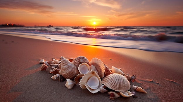 Sunrise Over a Collection of Sea Shells on the Beach