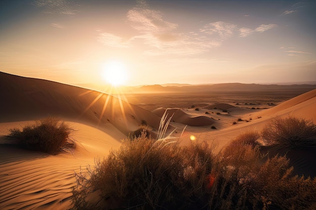 Sunrise over desert dunes with the sun illuminating the landscape created with generative ai