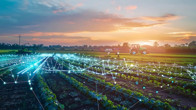 Photo sunrise on a digital twin farm with ai and autonomous tractors