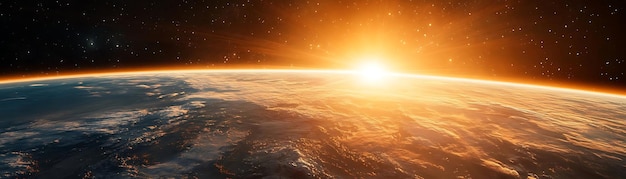 Photo sunrise over earth from space illustration cosmic dawn planet earth starry sky outer space golden hour