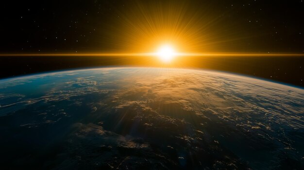 Photo sunrise over earth from space with bright golden light