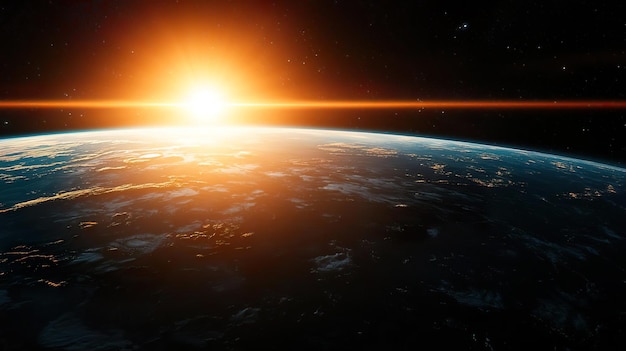 Photo sunrise over earth seen from space with a bright sunbeam