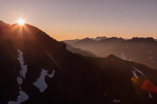 Sunrise over the Fagaras Mountains, Romania. View from moldovanul Peak 2544m