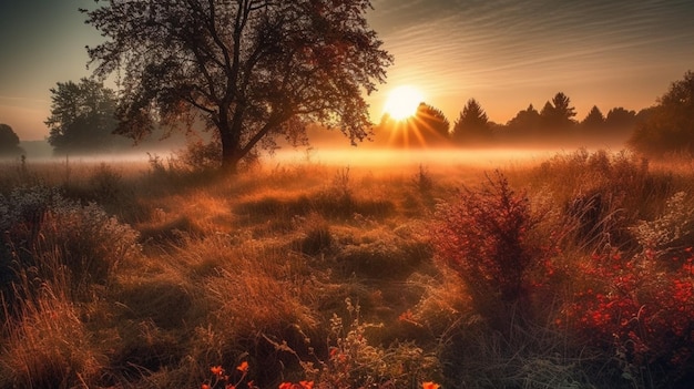 Sunrise in a field with a tree in the foreground