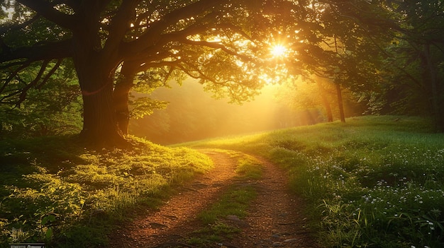 Photo sunrise in the forest with sun rays