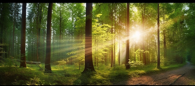 Sunrise in the Forest with Sunbeams in Artistic Style