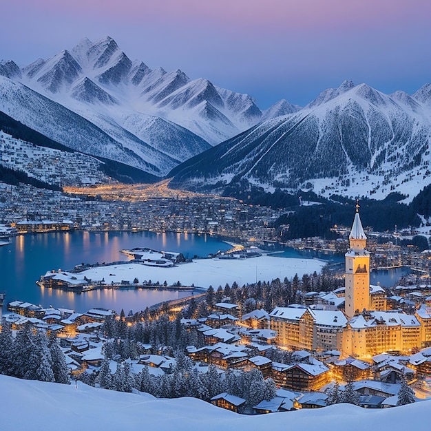 Sunrise over frozen Lake Sils and snowy generated by AI