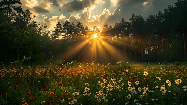 Sunrise Glory Magical Sunbeams Illuminating an OldGrowth Pine Forest and Wildflower Carpet