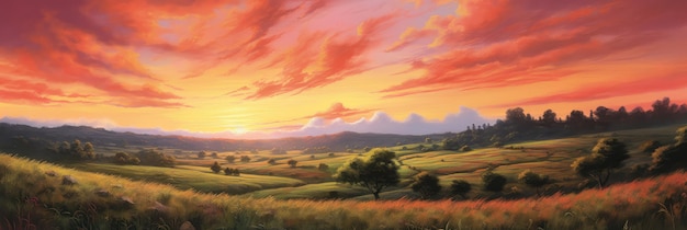 Sunrise over grassy plain photo realistic illustration