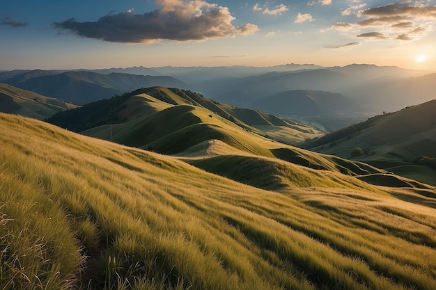 Photo sunrise over green hills in the mountains with blue sky and beautiful clouds