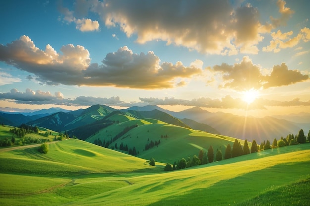 Photo sunrise over hills covered with green grass and forest in mountains