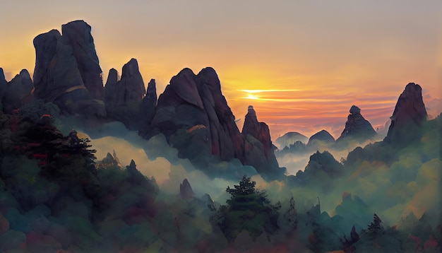 Sunrise at the Huangshan mountains