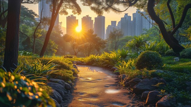 Photo sunrise illuminating a peaceful city park landscape