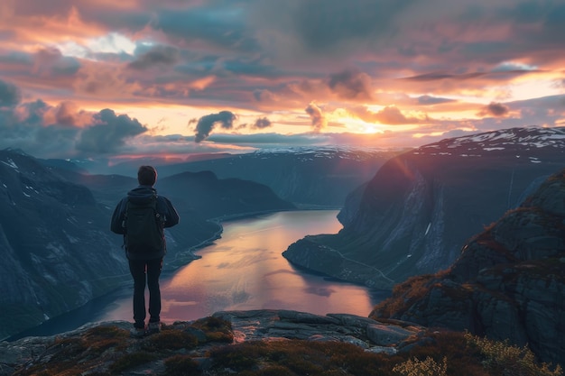 Photo at sunrise an individual stands on an ancient mountain overlooking vast fjords in golden sunlight he or she is dressed casually with their back to the camera