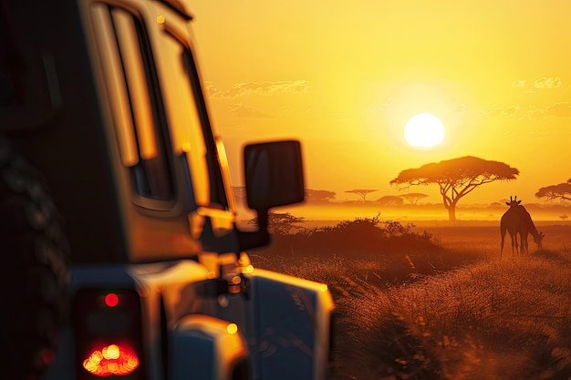 Photo sunrise jeep safari in africa with giraffes