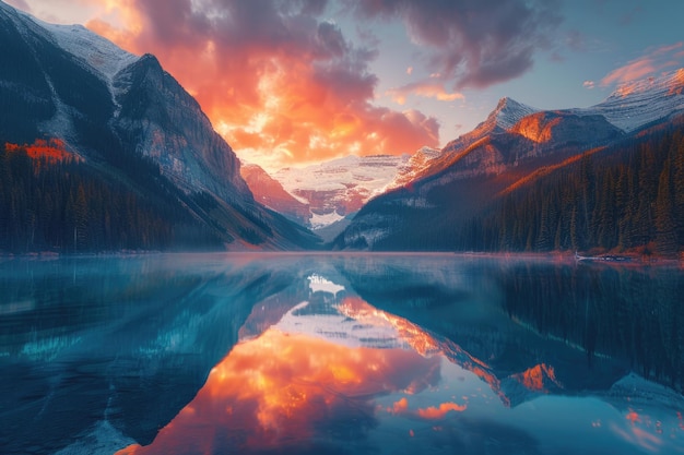 At sunrise the lake reflects mountains and clouds