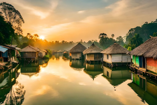 a sunrise over a lake with houses on stilts