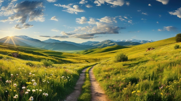 Sunrise over a Lush Green Meadow with Winding Path