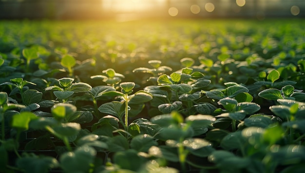 Photo sunrise over a lush green soybean field